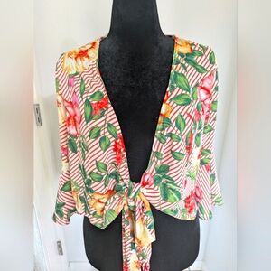 Haute Monde Women's Short Floral Boho Kimono Bolero Cover Up Sz L Bell Sleeve